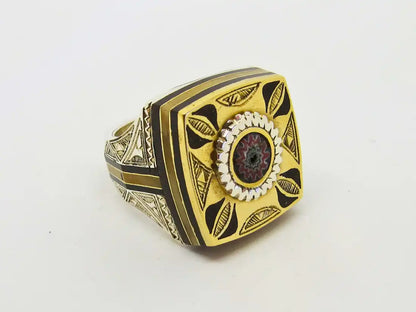 Ancient Treasures Unveiled: Cubic Tuareg Berber Ring with Sterling Silver, Amber, and Copper - Infused with Tribal Charm and Chevron Bead Protection