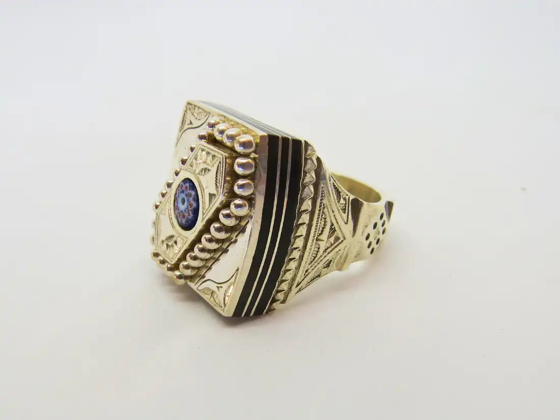 Legacy Reverberations: Exquisitely Crafted Cubic Tuareg Berber Ring - Sterling Silver, Amber, Ebony Wood, and Chevron Bead