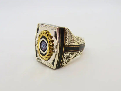 Heritage Resonance: Cubic Tuareg Berber Ring - Sterling Silver, Copper, Amber, Ebony Wood, and Chevron Bead Magic