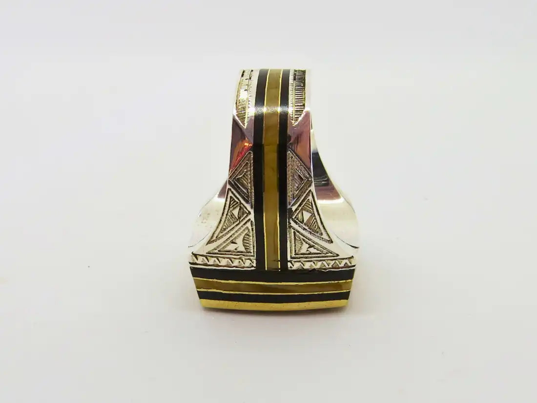 Ancient Treasures Unveiled: Cubic Tuareg Berber Ring with Sterling Silver, Amber, and Copper - Infused with Tribal Charm and Chevron Bead Protection