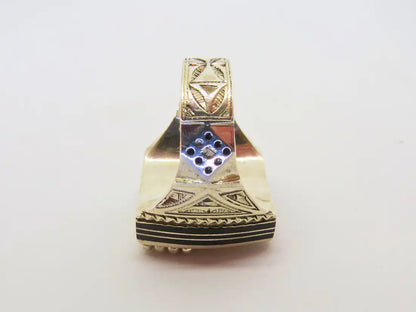 Legacy Reverberations: Exquisitely Crafted Cubic Tuareg Berber Ring - Sterling Silver, Amber, Ebony Wood, and Chevron Bead