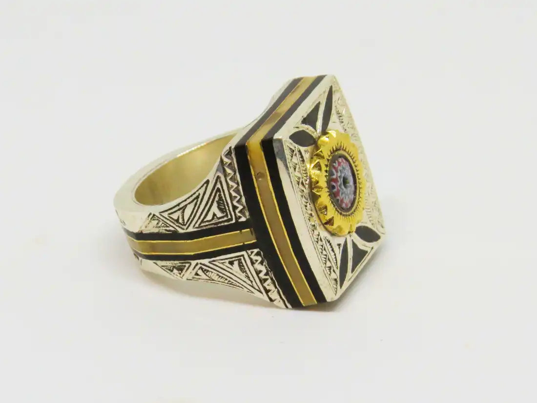 Enigmatic Resonance: Cubic Tuareg Berber Ring - Sterling Silver, Amber, Copper, and Ebony Wood Infused with Tribal Artistry and Chevron Bead Protection