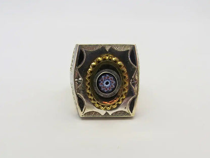 Heritage Resonance: Cubic Tuareg Berber Ring - Sterling Silver, Copper, Amber, Ebony Wood, and Chevron Bead Magic