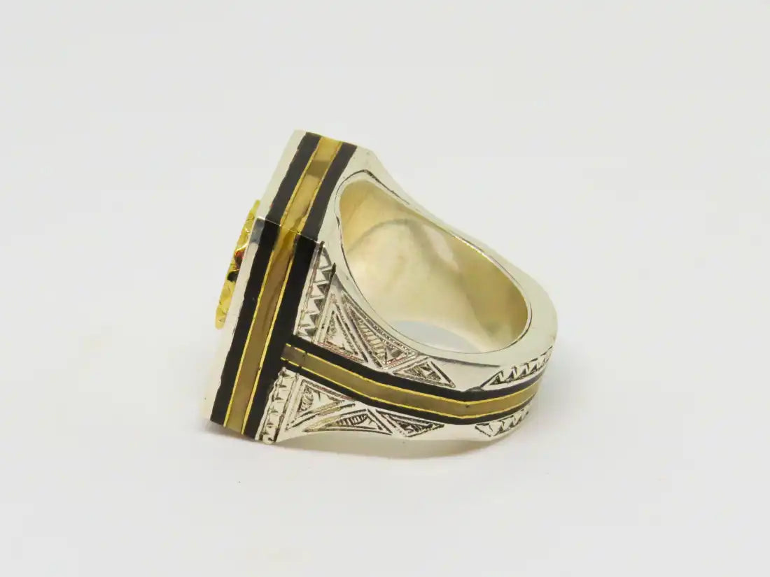 Enigmatic Resonance: Cubic Tuareg Berber Ring - Sterling Silver, Amber, Copper, and Ebony Wood Infused with Tribal Artistry and Chevron Bead Protection