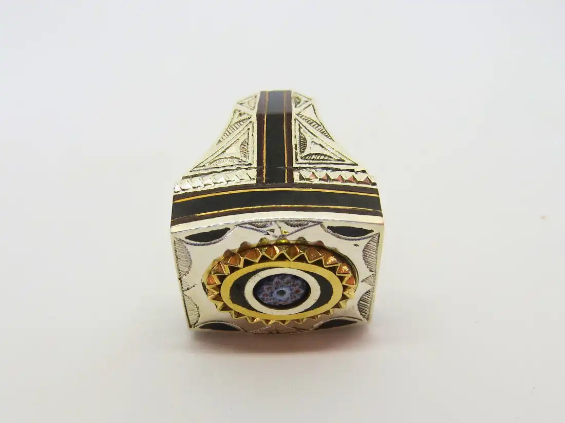 Heritage Resonance: Cubic Tuareg Berber Ring - Sterling Silver, Copper, Amber, Ebony Wood, and Chevron Bead Magic