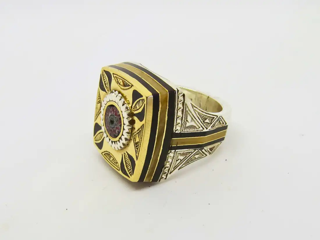 Ancient Treasures Unveiled: Cubic Tuareg Berber Ring with Sterling Silver, Amber, and Copper - Infused with Tribal Charm and Chevron Bead Protection