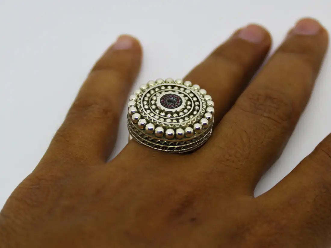 Elegantly Crafted: Tuareg Silver Ring - African Moroccan Berber BOHO Jewelry, Infused with Chevron Bead, Ebony Wood, and the Essence of Tribal Handmade Ethnic Protection