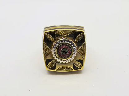 Ancient Treasures Unveiled: Cubic Tuareg Berber Ring with Sterling Silver, Amber, and Copper - Infused with Tribal Charm and Chevron Bead Protection