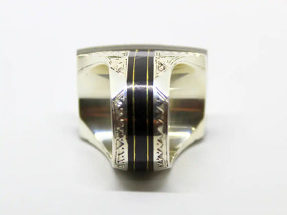 Spirit of Heritage: Tuareg Silver rectangular Ring - African Moroccan Berber BOHO Protection Jewelry with Chevron Bead, Ebony Wood, and Tribal Handmade Ethnic Essence