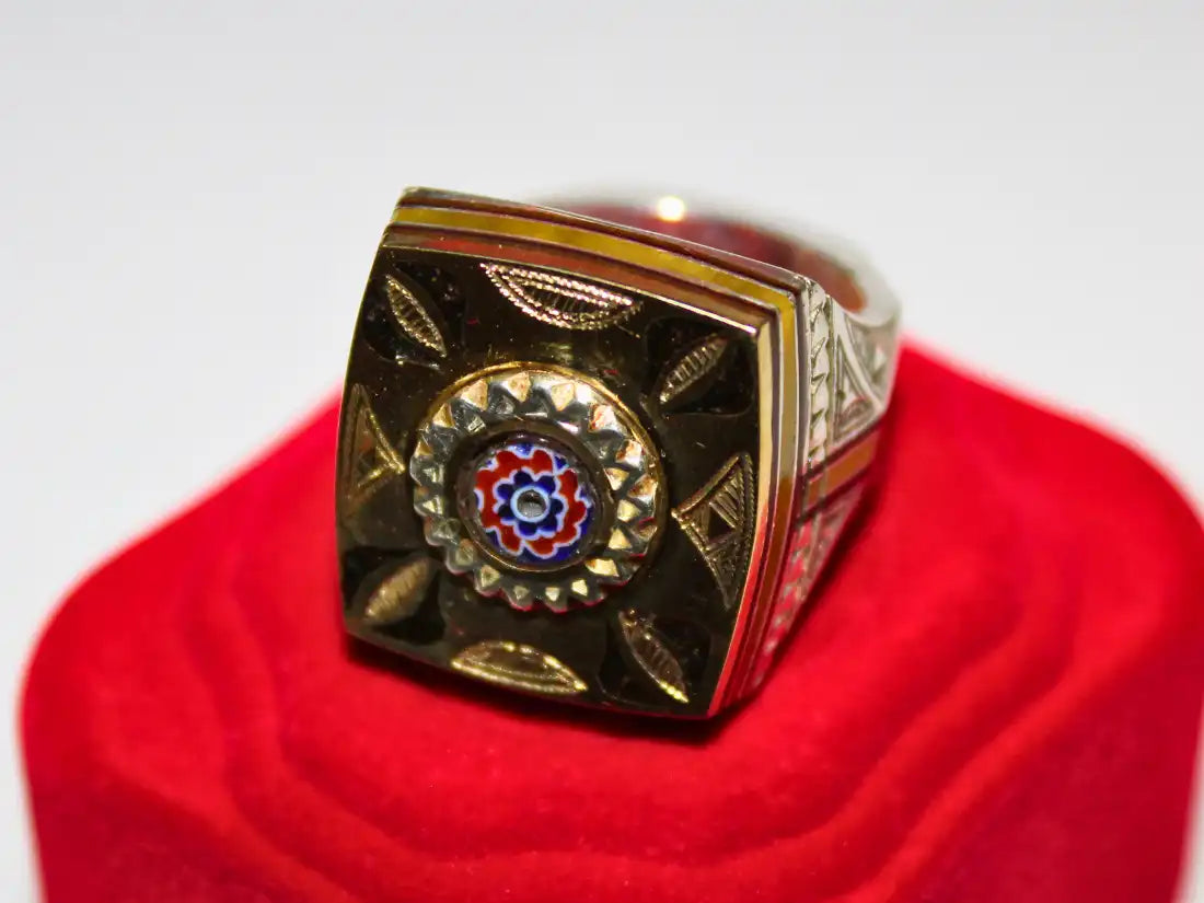 Ancient Treasures Unveiled: Cubic Tuareg Berber Ring with Sterling Silver, Amber, and Copper - Infused with Tribal Charm and Chevron Bead Protection