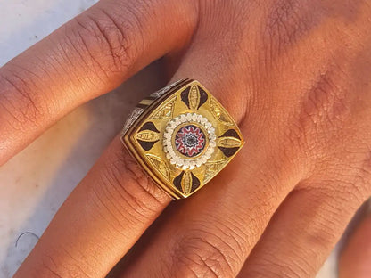 Ancient Treasures Unveiled: Cubic Tuareg Berber Ring with Sterling Silver, Amber, and Copper - Infused with Tribal Charm and Chevron Bead Protection